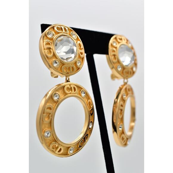 Christian Dior Vintage CD Logo Clip On Earrings Crystal Gold Chunky Signed Bin5 - Picture 4 of 12